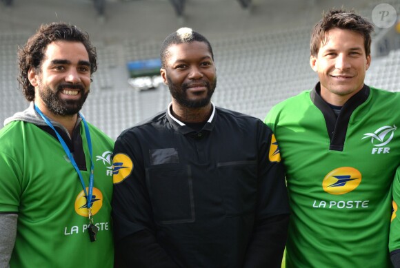 Yoann Huget, Djibril Cissé, François Trinh-Duc lors des Journées Nationales de l'arbitrage au stade Jean Bouin le 21 octobre 2015 à Paris