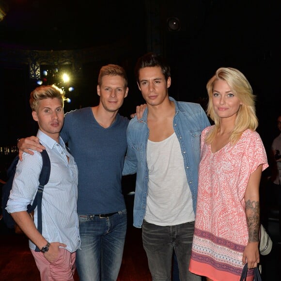 Benoît Dubois, Matthieu Delormeau, Caroline Receveur et son fiancé Valentin Lucas - Showcase de Sébastien Patoche au Théatre du Renard à Paris le 1er juillet, 2014.