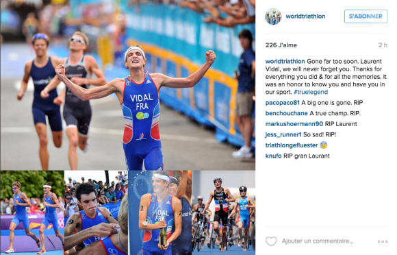 L'hommage du circuit international de triathlon sur Instagram. Laurent Vidal, qui comptait parmi les meilleurs triathlètes au monde, est mort d'un arrêt cardiaque le 10 octobre 2015. Bon vivant et amoureux de grands espaces, il avait 31 ans et laisse sa compagne Andrea Hewitt, championne de triathlon qu'il devait épouser en 2016.
