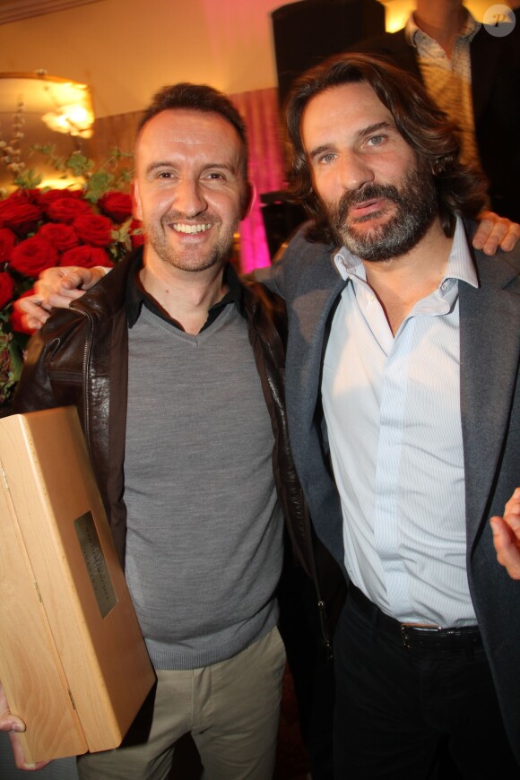 Jean-Noel Orengo ( Prix de Flore 2015 ) et Frederic Beigbeder - lors de la remise du Prix de Flore au café Flore à Paris, le 10 novembre 2015