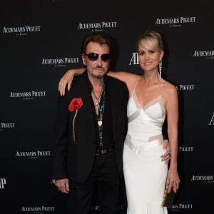 Exclusif - Johnny Hallyday et sa femme Laeticia Hallyday - La maison Audemars Piguet a célébré le lancement de la nouvelle Millenary Femme au Carreau du Temple à Paris le 6 juillet 2015 .