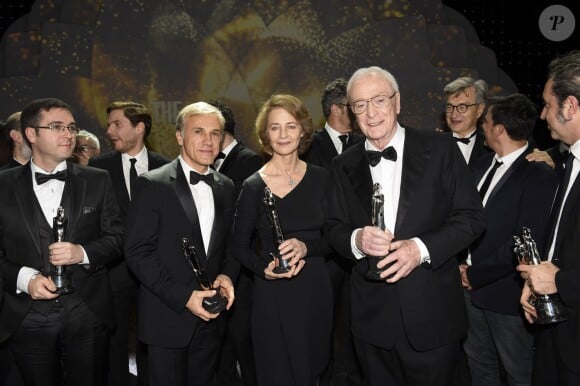 Christoph Waltz (Prix European Achievement In World Cinema), Charlotte Rampling (Meilleure actrice), Michael Caine (Meilleur acteur) - Remise des prix lors de la 28ème cérémonie des "European Film Awards" à Berlin, le 12 décembre 2015.
