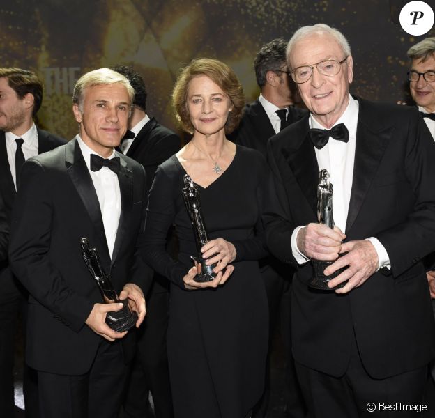 Christoph Waltz (Prix European Achievement In World Cinema), Charlotte Rampling (Meilleure actrice), Michael Caine (Meilleur acteur) - Remise des prix lors de la 28ème cérémonie des "European Film Awards" à Berlin, le 12 décembre 2015.