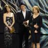 Jesper Christensen, Carice van Houten (habillée en Dior, présente le prix du meilleur acteur et de la meilleure actrice), Charlotte Rampling (Meilleure actrice) - Remise des prix lors de la 28ème cérémonie des "European Film Awards" à Berlin, le 12 décembre 2015.