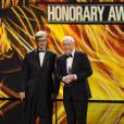 Wim Wenders et Michael Caine (Meilleur acteur) - Remise des prix lors de la 28ème cérémonie des "European Film Awards" à Berlin, le 12 décembre 2015.