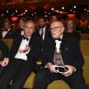 Daniel Brühl, Christoph Waltz (Prix European Achievement In World Cinema) et Volker Schlöndorff - Remise des prix lors de la 28ème cérémonie des "European Film Awards" à Berlin, le 12 décembre 2015.