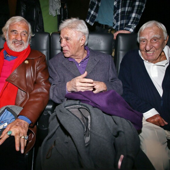 Exclusif - Jean-Paul Belmondo, Guy Bedos et Charles Gérard - Avant-première parisienne du documentaire "Belmondo par Belmondo" au cinéma Publicis à Paris le 15 décembre 2015.