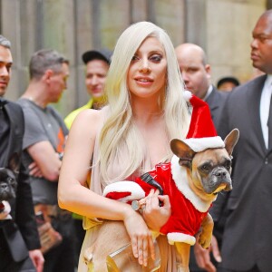 Lady Gaga et son compagnon Taylor Kinney arrivent avec leurs chiens, Miss Asia and Koji déguisés en père Noël à New York le 11 décembre 2015. © CPA/Bestimage