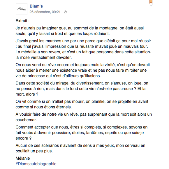 Diam's a dévoilé le 26 décembre dernier un extrait de son autobiographie.