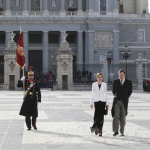 La reine Letizia d'Espagne avec le Premier ministre Mariano Rajoy lors de la Pâque militaire le 6 janvier 2016 au palais du Pardo, à Madrid.