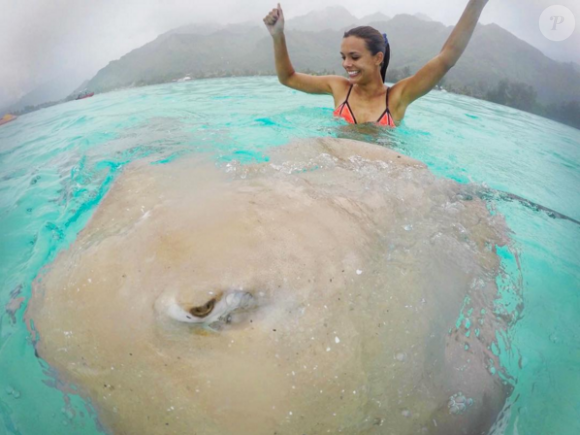 Marine Lorphelin à Tahiti, nageant avec une raie, en janvier 2016.