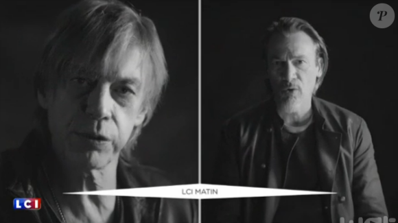 Jean-Louis Aubert et Florent Pagny dans le clip de la chanson Liberté, nouvel hymne des Enfoirés. Janvier 2016.