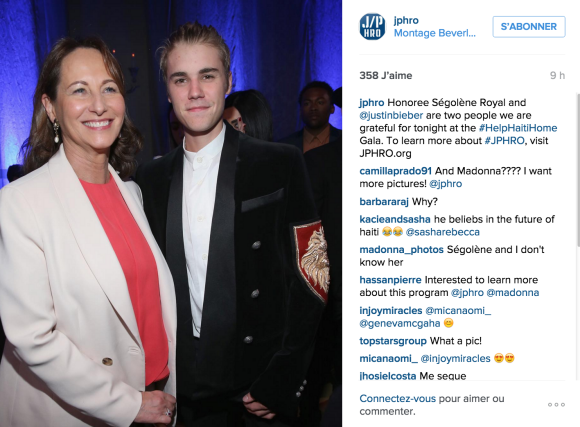 Ségolène Royal et justin Bieber se sont rencontrés à l'occasion du gala de la fondation de Sean Penn pour Haïti, J/P Haitian Relief Organization, à Los Angeles le 9 janvier 2016.