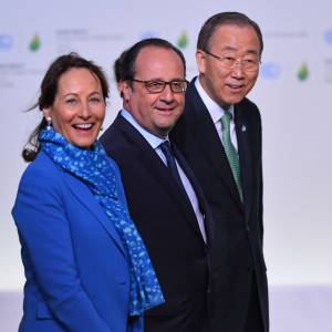Ségolène Royal, François Hollande et Ban Ki-moon à la COP21 au Bourget, décembre 2015.