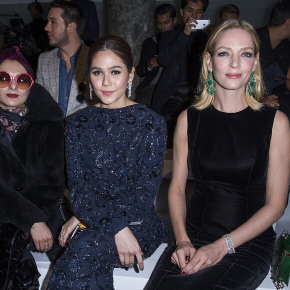 Catherine Baba, Araya Alberta Hargate (Chompoo) et Uma Thurman - Défilé Ralph & Russo (collection Haute Couture printemps-été 2016) au Pavillon Cambon. Paris, le 25 janvier 2016.