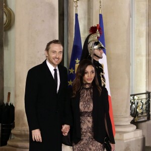 Le DJ David Guetta et sa compagne Jessica Ledon arrivent au dîner d'état donné en l'honneur du président cubain Raul Castro au palais de l'Elysée à Paris, le 1er février 2016. ©Stéphane Lemouton/Bestimage