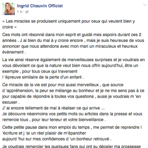 Ingrid Chauvin partage son bonheur d'être enceinte avec ses fans, sur Facebook. Le 4 février 2016.