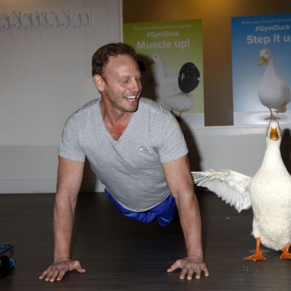 Ian Ziering pose avec le canard de la compagnie d'assurances Aflac à la soirée d’inauguration de 'Duck Hits The Gym' à New York. Aflac est une entreprise américaine basée à Columbus, en Géorgie, et qui vend des assurances vie et des complémentaires santé aux États-Unis et au Japon. Le 3 décembre 2015