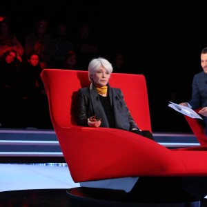 Exclusif - Françoise Hardy et Marc-Olivier Fogiel, lors de l'enregistrement de l'émission Le Divan, le 29 janvier 2016, pour une diffusion le mardi 16 février 2016 à 23h10 sur France 3.