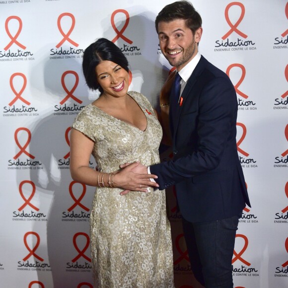 Ayem Nour enceinte et Christophe Beaugrand à la Soirée de lancement du Sidaction 2016 au Musée du Quai Branly à Paris le 7 mars 2016. © Giancarlo Gorassini/Bestimage