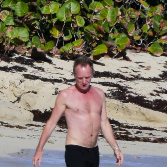Semi-exclusif - Le chanteur Sting et sa femme Trudie Styler en vacances sur une plage de Saint-Barthélemy le 17 mars 2016. Semi-exclusive - For Germany call for price - Sting and his wife Trudie Styler on vacation in Saint-Barthélem on march 17, 2016.17/03/2016 - Saint-Barthélemy