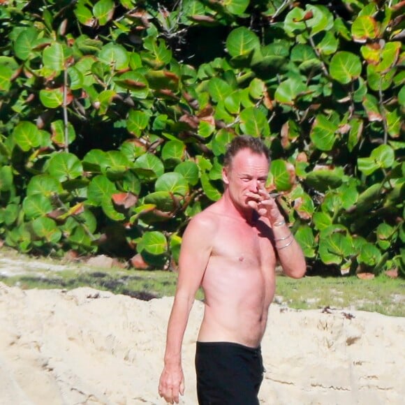 Semi-exclusif - Le chanteur Sting et sa femme Trudie Styler en vacances sur une plage de Saint-Barthélemy le 17 mars 2016.