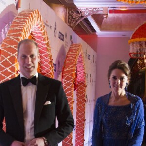 Le prince William et la duchesse Catherine de Cambridge (en Jenny Packham) sur le tapis rouge du Taj Palace Hotel à Mumbai le 10 avril 2016 lors d'un gala organisé par la British Asian Foundation, avec la participation de nombreuses stars de Bollywood, au premier jour de leur visite officielle en Inde.