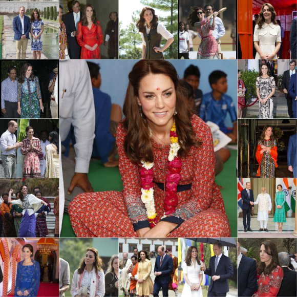 Kate Middleton, ses 17 tenues en 7 jours de visite officielle en Inde et au Bhoutan, du 10 au 17 avril 2016. La duchesse de Cambridge a mis à l'honneur Alexander McQueen, Jenny Packham, Emilia Wickstead ou encore Beulah London, mais aussi la créatrice indienne Anita Dongre, Naeem Khan ainsi que des marques grand public (Glamorous, Topshop, Zara...).