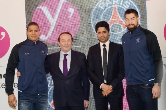 Exclusif - Daniel Narcisse, Pierre Bédier (président du conseil général des Yvelines), Nasser Al-Khelaïfi, Nikola Karabatic - Première journée des enfants au stade Pierre-de-Coubertin à Paris, le 19 avril 2016. © Rachid Bellak/Bestimage