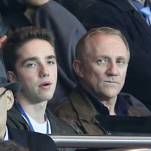 François-Henri Pinault et son fils François - People au match de football "PSG - Rennes" au Parc des Princes à Paris. Le 29 avril 2016 © Cyril Moreau / Bestimage  People at the soccer game "PSG - Rennes" at Parc des Princes in Paris. On april 29th 201629/04/2016 - Paris