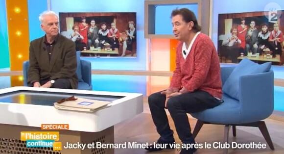 Bernard Miné au côté de Jacky, son ancien acolyte du "Club Dorothée", dans "Toute une histoire", sur France 2, le 10 mai 2016