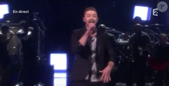 Justin Timberlake chante sur la scène de l'Eurovision 2016, à Stockholm en Suède, le samedi 14 mai 2016 sur France 2.