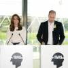 Le prince Harry, Kate Middleton et le prince William lors de leur discours pour le lancement de leur campagne Heads Together de sensibilisation sur la santé mentale le 16 mai 2016 au parc olympique Elizabeth à Londres.