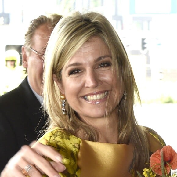 La reine Maxima des Pays-Bas arrive au premier anniversaire de la Fédération des fonds de pension au forum de La Haye le 17 mai 2016, le jour de son 45e anniversaire.