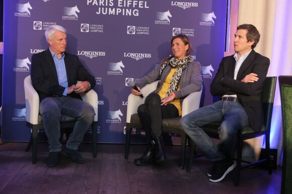 Pierre-Yves Bost, Pénélope Leprévost, Guillaume Canet - Conférence de presse de la 3ème édition du "Longines Paris Eiffel Jumping" au café de l'Homme à Paris, le 24 mai 2016.