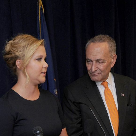 La scénariste Amy Schumer lors d'une conférence de presse avec son cousin le sénateur démocrate Chuck Schumer sur la question du port d'armes aux Etats-Unis à New York, le 3 août 2015. Amy Schumer avait promis de prendre position après qu'un un homme a ouvert le feu sur des spectateurs du film Trainwreck, le 23 julllet 2015 dernier en Louisiane.