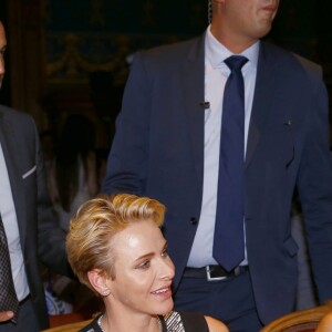 Robert Calcagno, la princesse Charlene de Monaco, Federica Nardoni Spinetta. La princesse Charlene de Monaco a remis au créateur de mode Philipp Plein le prix FWMC 2016 lors de la clôture de la 4e Monte-Carlo Fashion Week organisée par la Chambre monégasque de la mode au Musée Océanographique à Monaco le 4 juin 2016. © Claudia Albuquerque/Bestimage