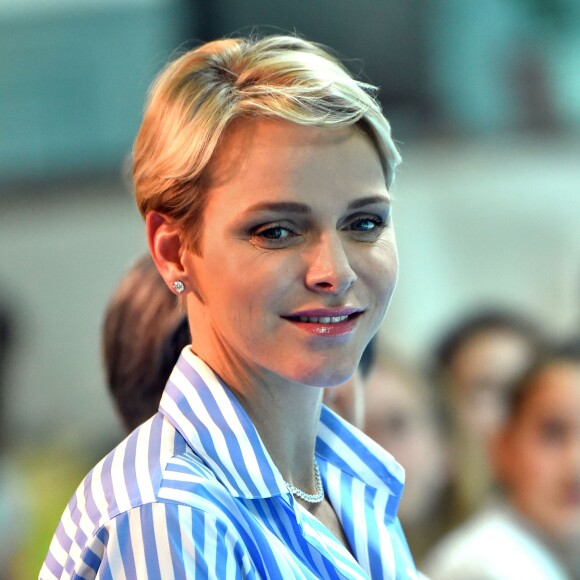 La princesse Charlene de Monaco lors des finales du XXXIVe Meeting Mare Nostrum à la piscine du Stade Louis II le 5 juin 2016. © Bruno Bebert/Bestimage