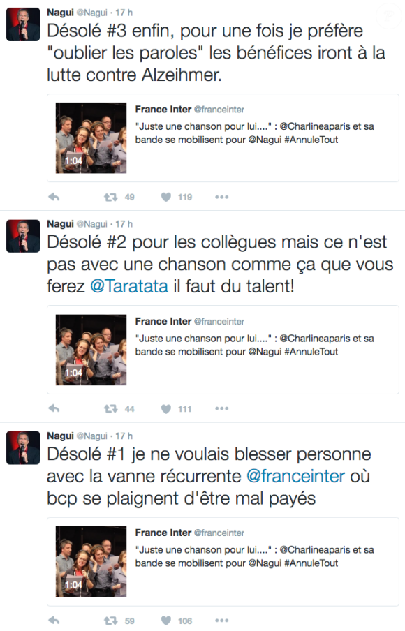 Sur Twitter, Nagui répond à ses collègues de France Inter, juin 2016.