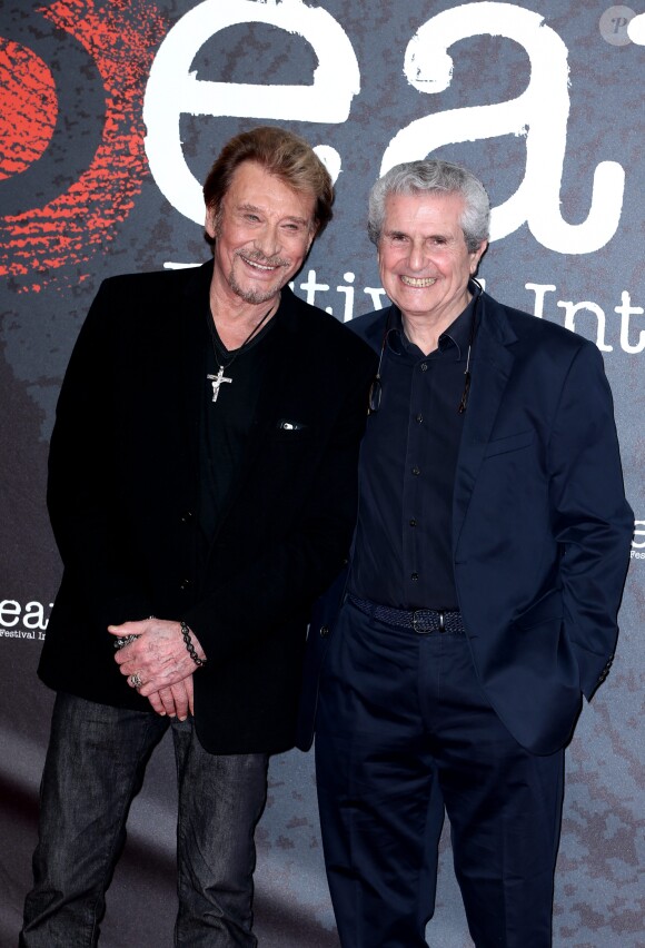 Johnny Hallyday et Claude Lelouch - Soirée d'ouverture du 6e Festival International du Film Policier de Beaune avec un hommage à Johnny Hallyday pour l'ensemble de sa carrière cinématographique, le 2 avril 2014.