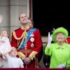 Kate Catherine Middleton, duchesse de Cambridge, la princesse Charlotte, le prince George, le prince William, la reine Elisabeth II d'Angleterre, le prince Philip, duc d'Edimbourg - La famille royale d'Angleterre au balcon du palais de Buckingham lors de la parade "Trooping The Colour" à l'occasion du 90ème anniversaire de la reine. Le 11 juin 2016