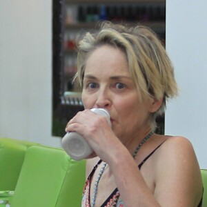 Sharon Stone discute et éclate de rire avec un ami dans un salon de manucure à Beverly Hills, le 28 juin 2016