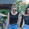 Gigi Hadid, Kendall Jenner et Hailey Baldwin très souriantes à la sortie du restaurant "The Smile" à New York, le 21 juin 2016. Kendall porte un haut transparent qui laisse entrevoir sa poitrine et son piercing!  Gigi Hadid, Kendall Jenner and Hailey Baldwin were spotted leaving a restaurant in East Village named the Smile. The trio walked around the street having a laugh. Kendall was wearing a revealing see through top which reveals a piercing on the left nipple.21 June 2016.21/06/2016 - New York