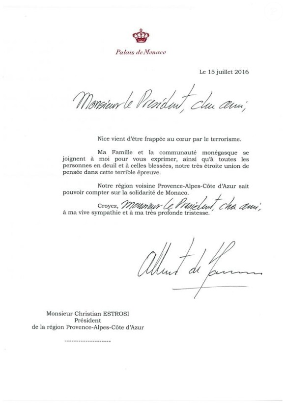 Message du prince Albert II de Monaco à Christian Estrosi à la suite de l'attentat meurtrier perpétré le 14 juillet 2016.