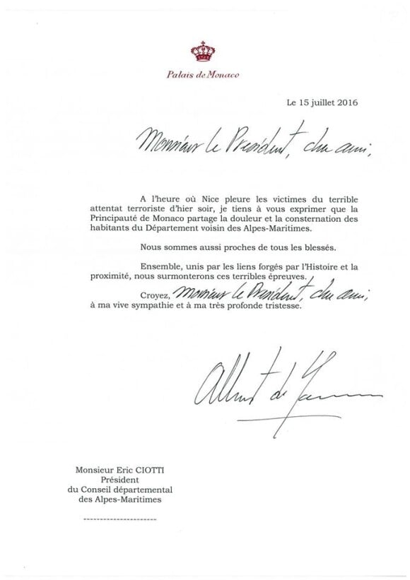 Message du prince Albert II de Monaco à Eric Ciotti à la suite de l'attentat meurtrier perpétré le 14 juillet 2016.