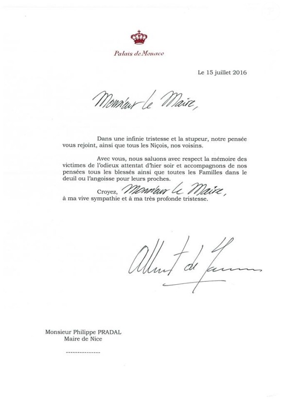 Message du prince Albert II de Monaco à Philippe Pradal, maire de Nice, à la suite de l'attentat meurtrier perpétré le 14 juillet 2016.