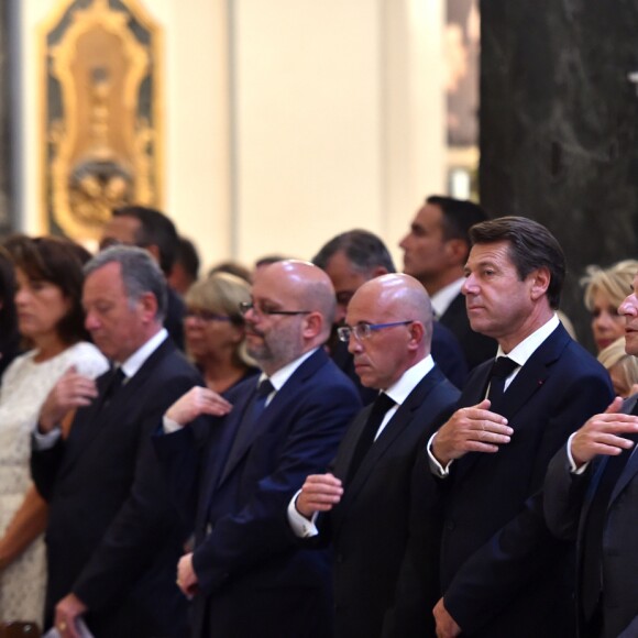 Eric Ciotti, président du conseil départemental des Alpes-Maritimes, Christian Estrosi, président de la région PACA et ancien maire de Nice, et Nicolas Sarkozy lors de la messe en hommage aux victimes de l'attentat du 14 juillet en la cathédrale à Nice, le 15 juillet 2016. © Bruno Bébert/Bestimage