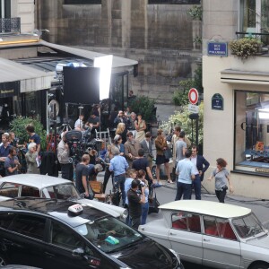 Tournage du film de Michel Hazanavicius "Le Redoutable" à Paris le 27 juillet 2016.
