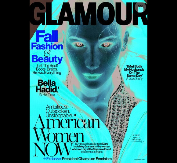 Bella Hadid en couverture du magazine Glamour. Numéro de septembre 2016.