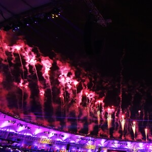 Cérémonie d'ouverture des Jeux Olympiques (JO) de Rio 2016 à Rio de Janeiro, Brésil le 5 aout 2016.   Fireworks go off over the Maracana Stadium during the opening ceremony of the Rio 2016 Summer Olympic Games.05/08/2016 - Rio de Janeiro